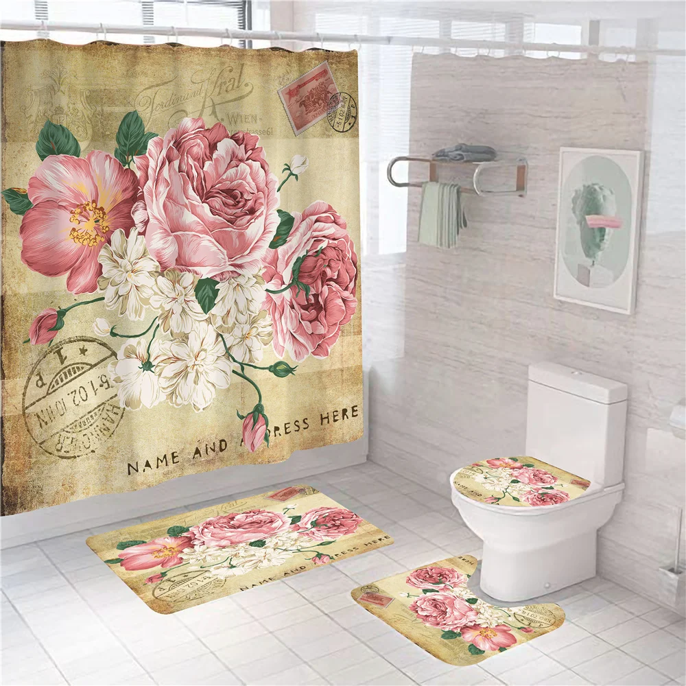 

Занавеска в ванную комнату Ретро Пион цветок открытка Художественная печать занавеска для душа набор с ковриком Крышка для туалета коврик ...