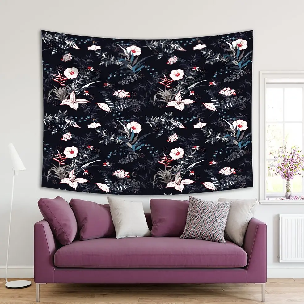 Гобелен Тропические Цветы Листья узор Темный экзотический лес Цветочный Рисунок