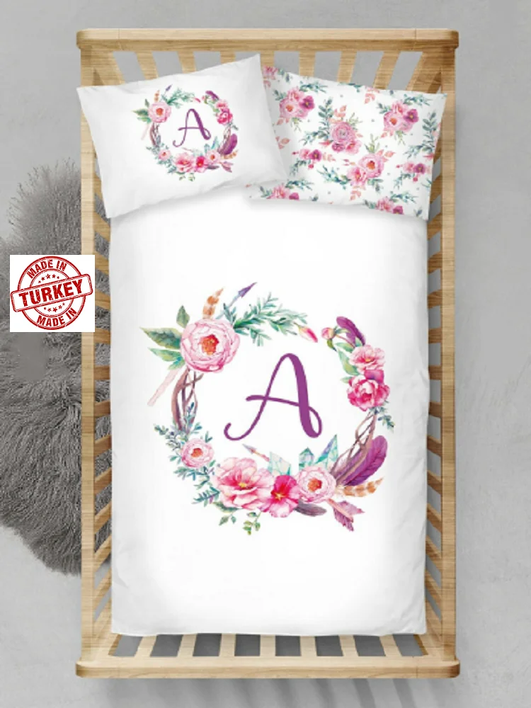 BABY BEDDINGSET - A TO Z - REQUESTED LETTER PRINTED - DUVET COVER PILLOWCASE SHEET - 100% COTTON - ULTRA SOFT