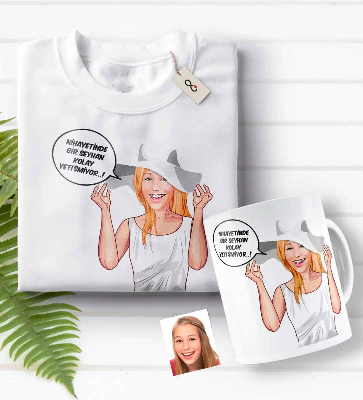 

Personalized Women 'S Easy Grow Caricature Of White T-shirt And Mug Seti-6