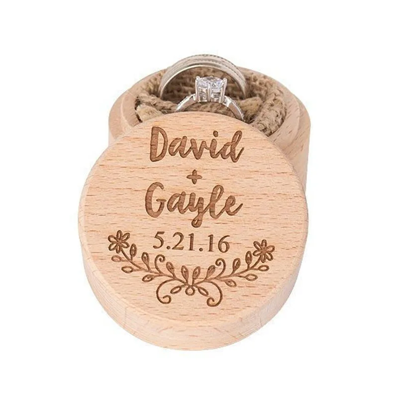 

Rustic Engraved name wedding Ring Holder Customize wooden round Ring box Jewelry Box Ring Bearer Pillow Engagement gift proposal