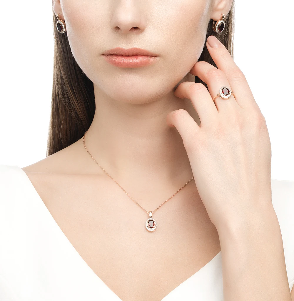 Золотая подвеска с фианитами и гранатом SUNLIGHT проба 585 | Украшения аксессуары