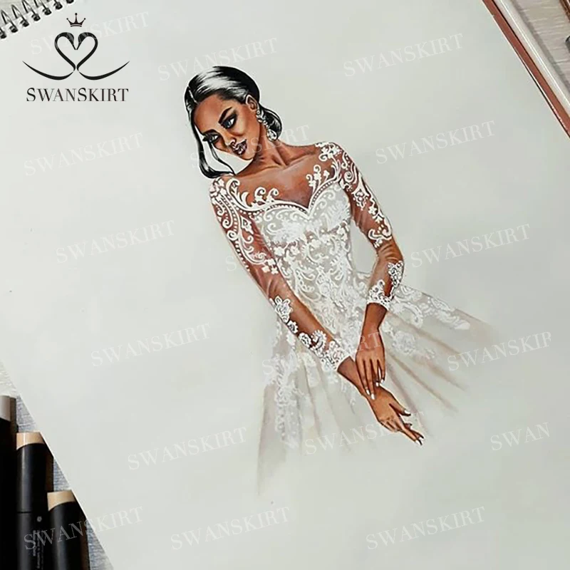 Swanskirt Милое Свадебное платье Новое Элегантное ТРАПЕЦИЕВИДНОЕ кружевное свадебное платье принцессы с длинными рукавами и аппликацией Robe De Mariage K182