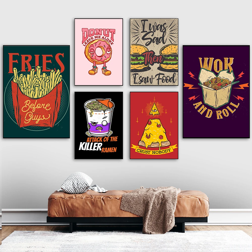 

Pizza Donut Fries Wok Ramen Art Print Canvas Pictures Burger Foods Cartoon Poster Restaurant Kitchen Wall Painting Home Decor