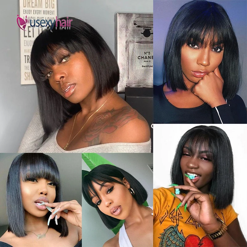 

Straight Bob Human Hair Wig With Bangs For Women Brazilian Remy Full Machine Made Wigs Natural Color Human Hair Wigs No Glue