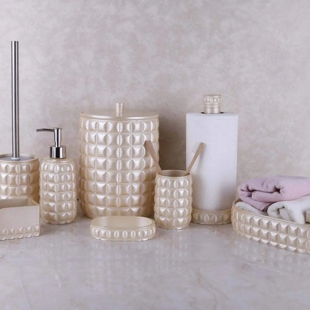 

By Selim Quilted 5 Piece Bath Set-Dustbin • Toilet Brush •Toothbrush Holder • Liquid Soap İspenser • Solid Soap Dispenser