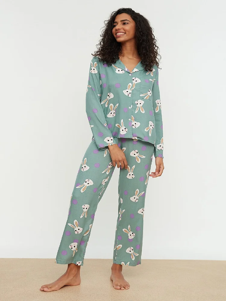 TuBiTeX Green, Long Sleeve, Button, Rabbit Pattern, Woven Pajamas set, Sleepwear Top, pajama Bottoms, Suit