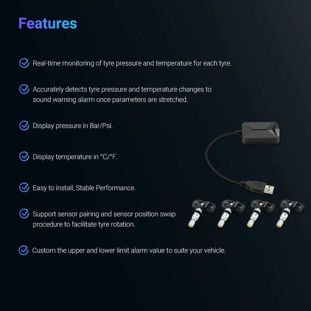 Система контроля давления в шинах XTRONS TPMS08 USB (4 внутренних датчика) для Android