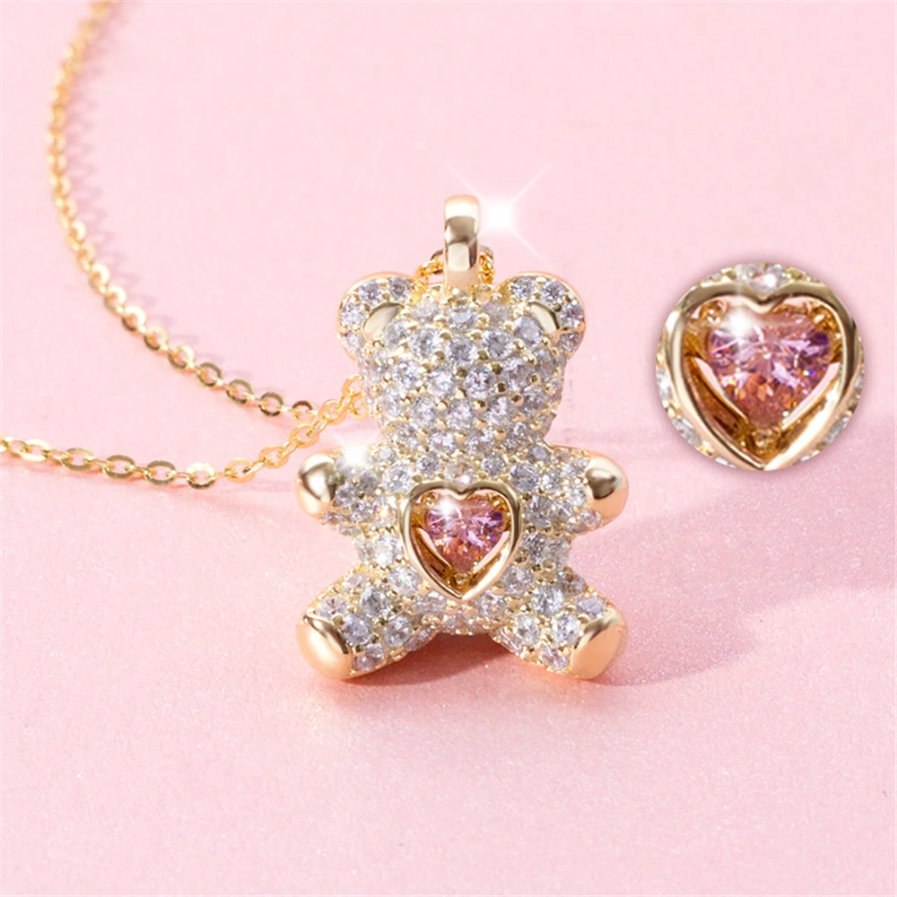 

Luxury Jewelry Cute Little Bear Chain Necklace for Women Heart Pink Crystal Animal Pendant Valentines Day Gift for Lady Daughter
