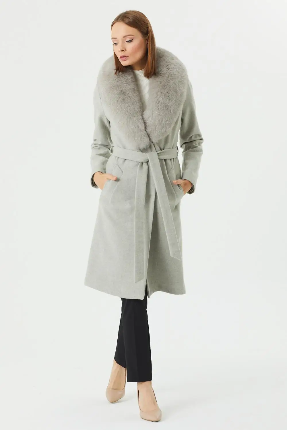 

European Size Women's Fox Fur Collar Coat Wool Cachet Fabric Brand Name NFree