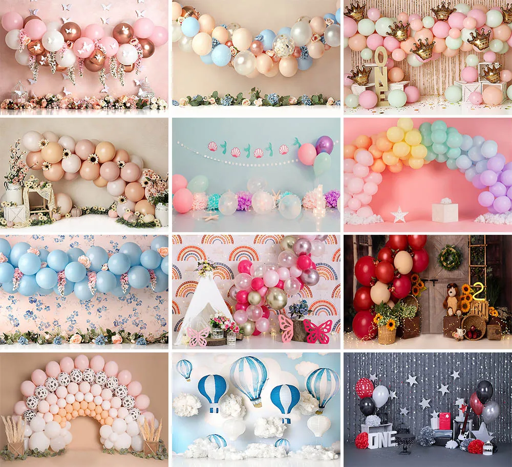 

Mehofond Photography Background Cake Smash Backdrops Themed Blue Hot Air Balloon Boy or Girl Birthday Poster Photo Studio Banner