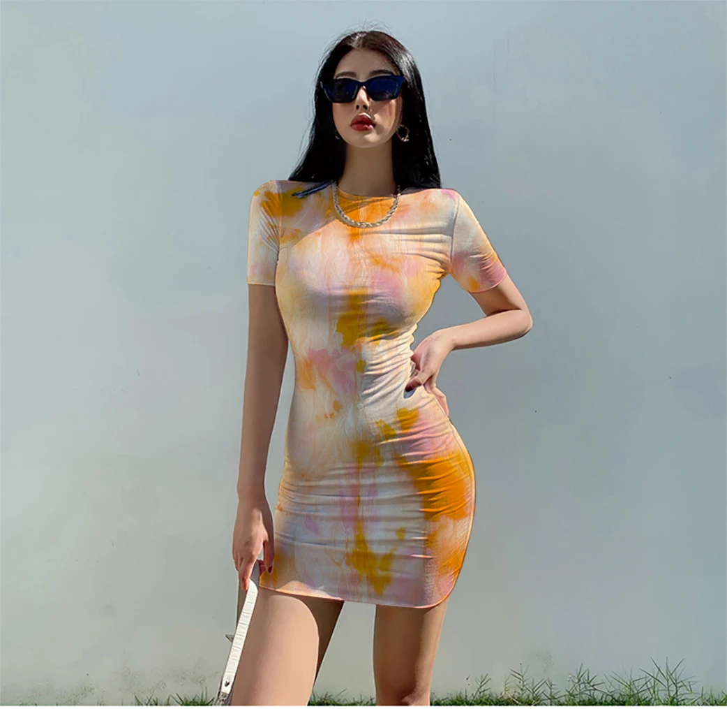 

Summer ladies 3D printed polyester fiber large size hazy orange dress sexy coquettish soft and comfortable close-fitting