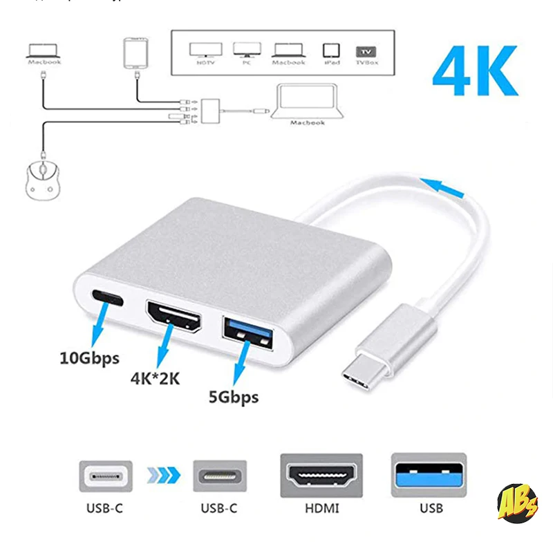 USB-C HDMI Type C Mac 3.1 converter adapter typec to HDMI/USB 3.0/Type-C aluminum for Apple MacBook 3 in 1 Adapter USB Hdmi+USB 3.0+Type Hub macbook
