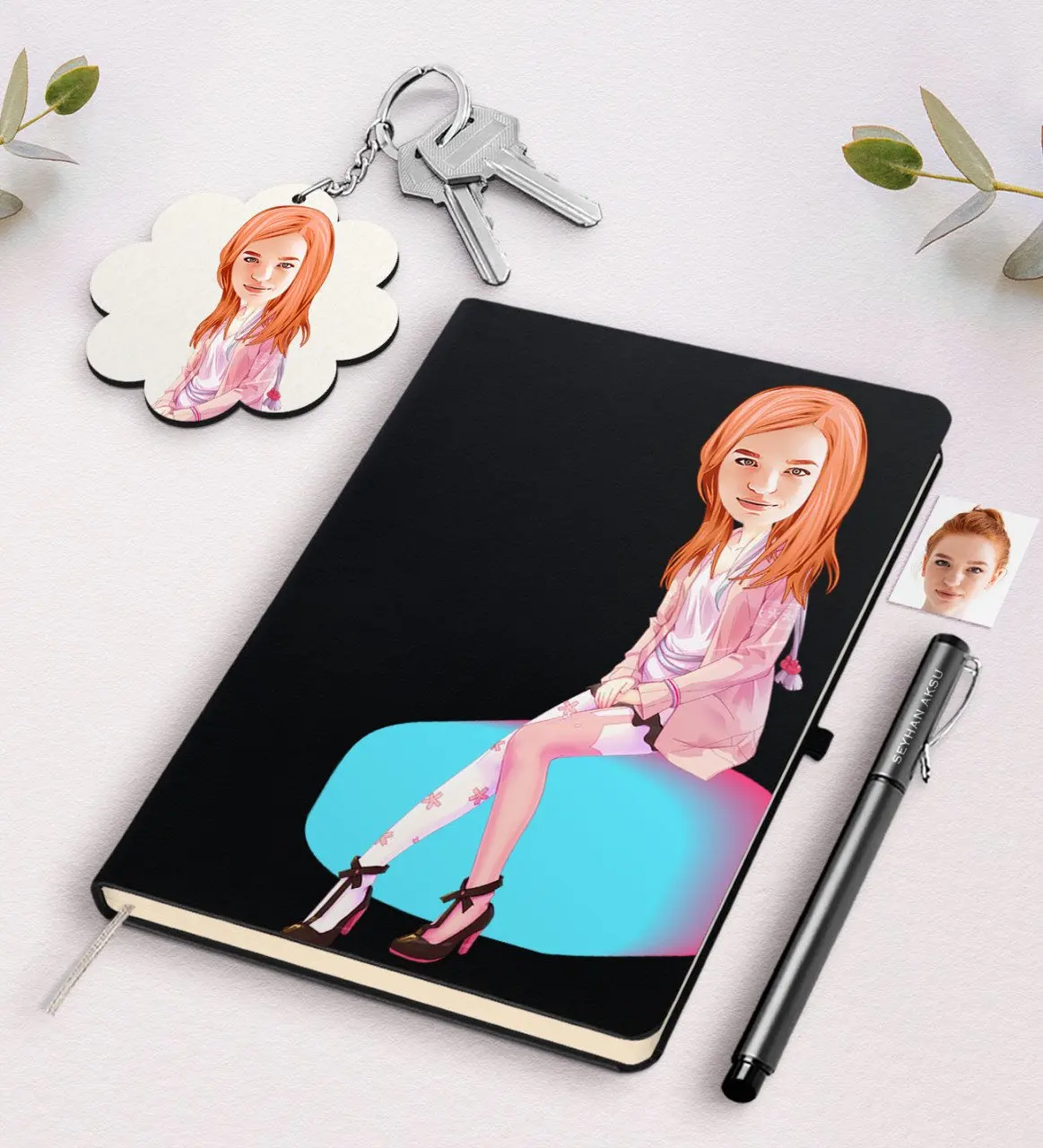 

Personalized Women 'S Caricature Of Black Notebook Pen And Keychain Gift Seti-32