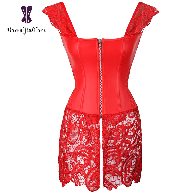 Back Zipper Women's Gothic Lace Up Front Punk Faux Leather Bustier Corset Dress Plus Size Lingerie 903#