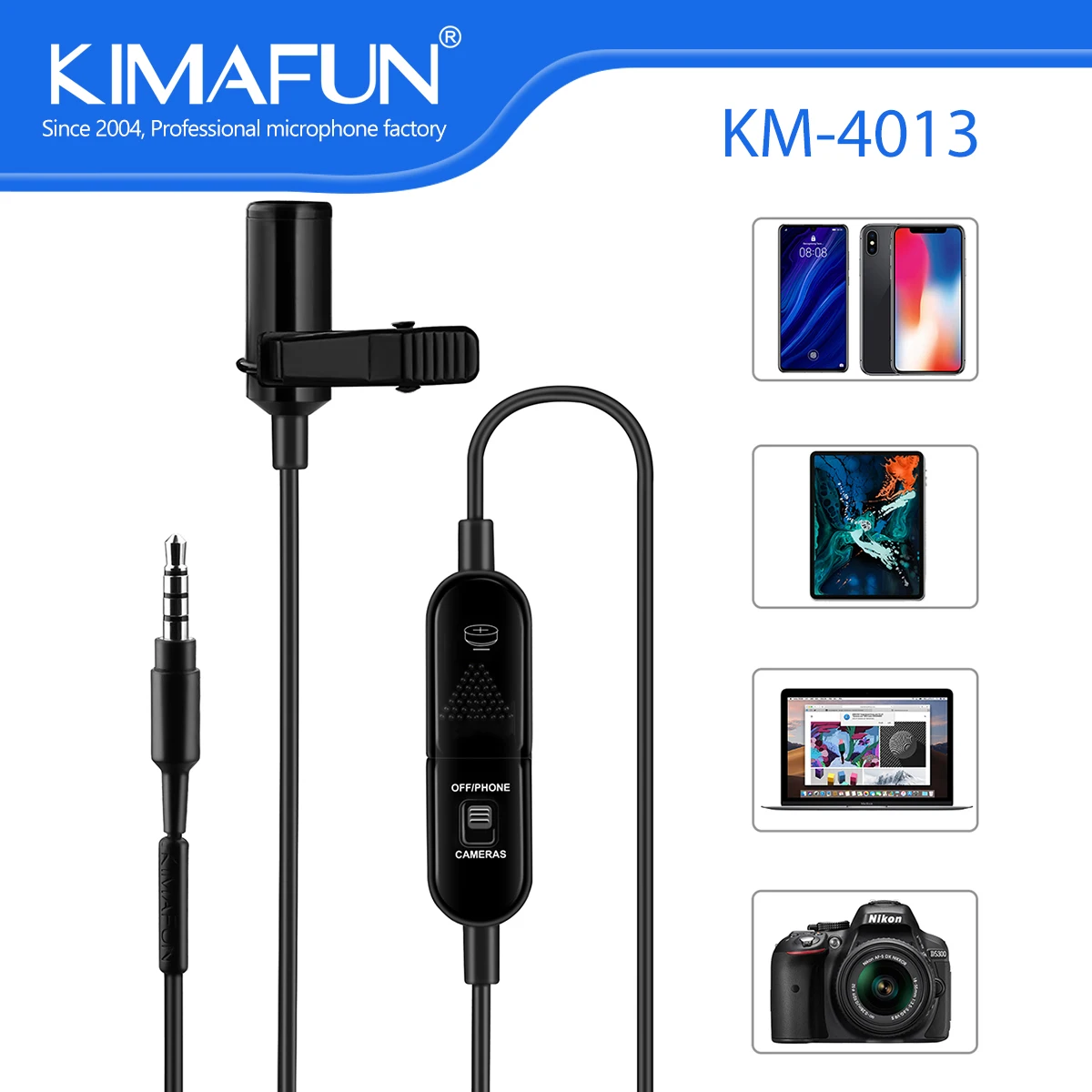 

KIMAFUN Lavalier Lapel Microphone 3.5mm Audio Video for iPhone Android Smartphone Studio Camera Recording Teaching Clip On Mic