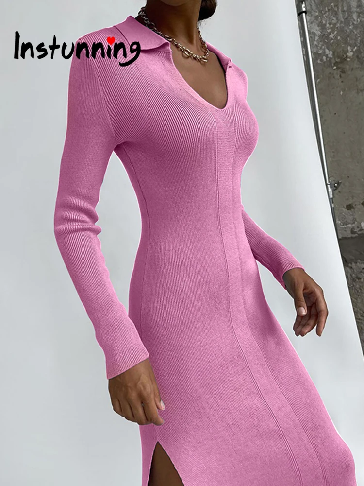 

Instunning Women Spring Solid Dress Elegant Ankle-Length V-Neck Skinny Autumn Sexy Dresses Women Cotton Split Hem Partywear