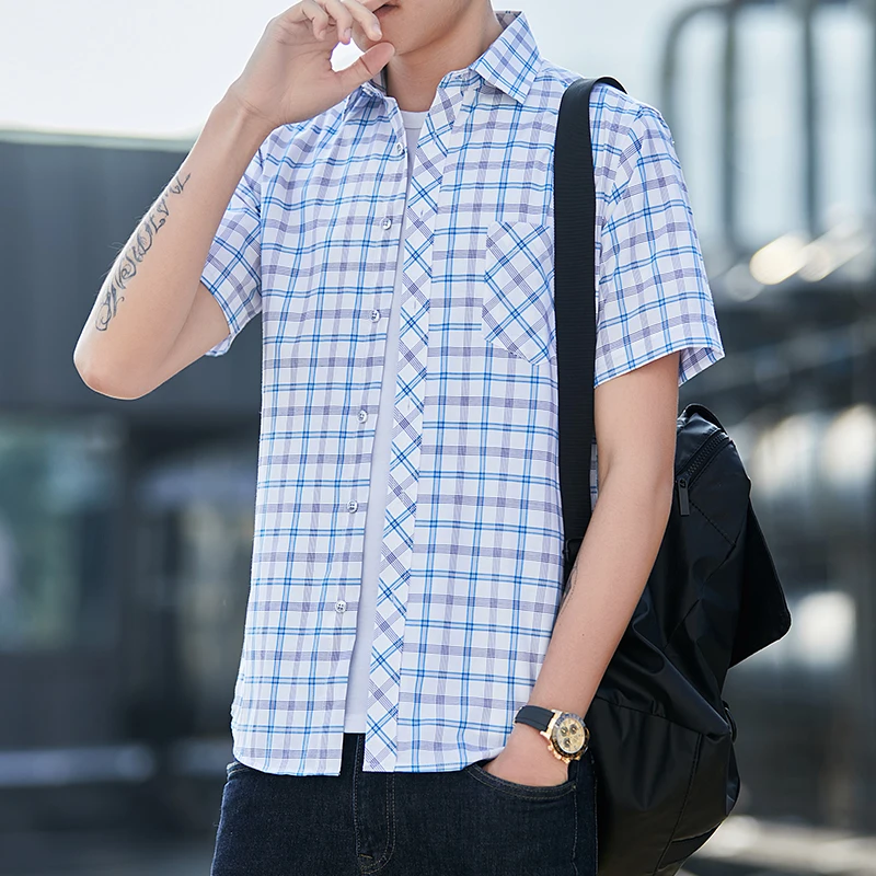 2022 New Plaid Thin Casual Mens Button Up Shirt Short Sleeve Summer Mens Fashion Clothing Trends Korean Clothes Camisas