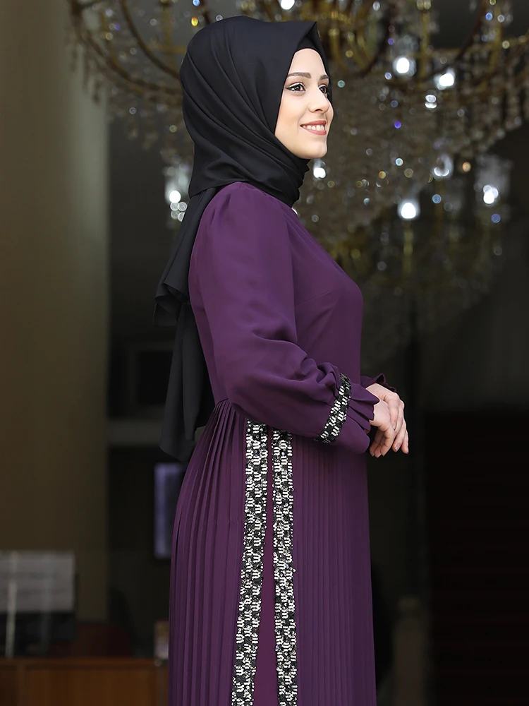 

Women Dress New Season Chiffon Pleat Skirt Detailed Sequins Embroidered Stylish Modern Islamic Muslim Fashion High Quality