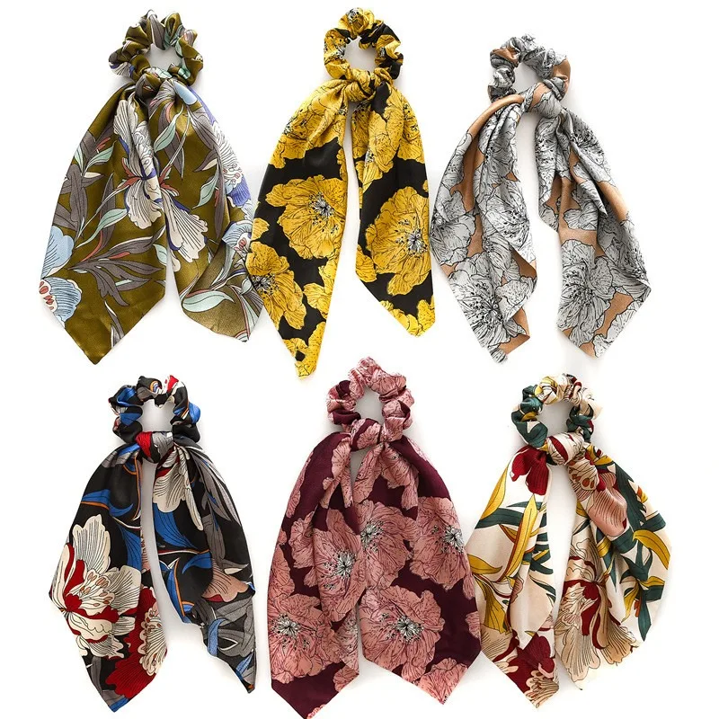 

Fashion Stripe Flower Print Elastic Long Hair Rope 2019 Summer Cute Women Bowknot Ponytail Scarf Hairbands Accessories