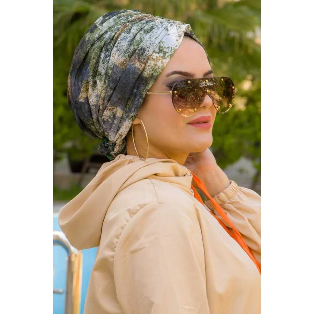 Haki Tie Dye Digital Print Buckled Hijab Shawl Muslim Women Clothing Fashion Spring Summer 2022 Abaya Khimar Jilbab Islamic Scarf stylish