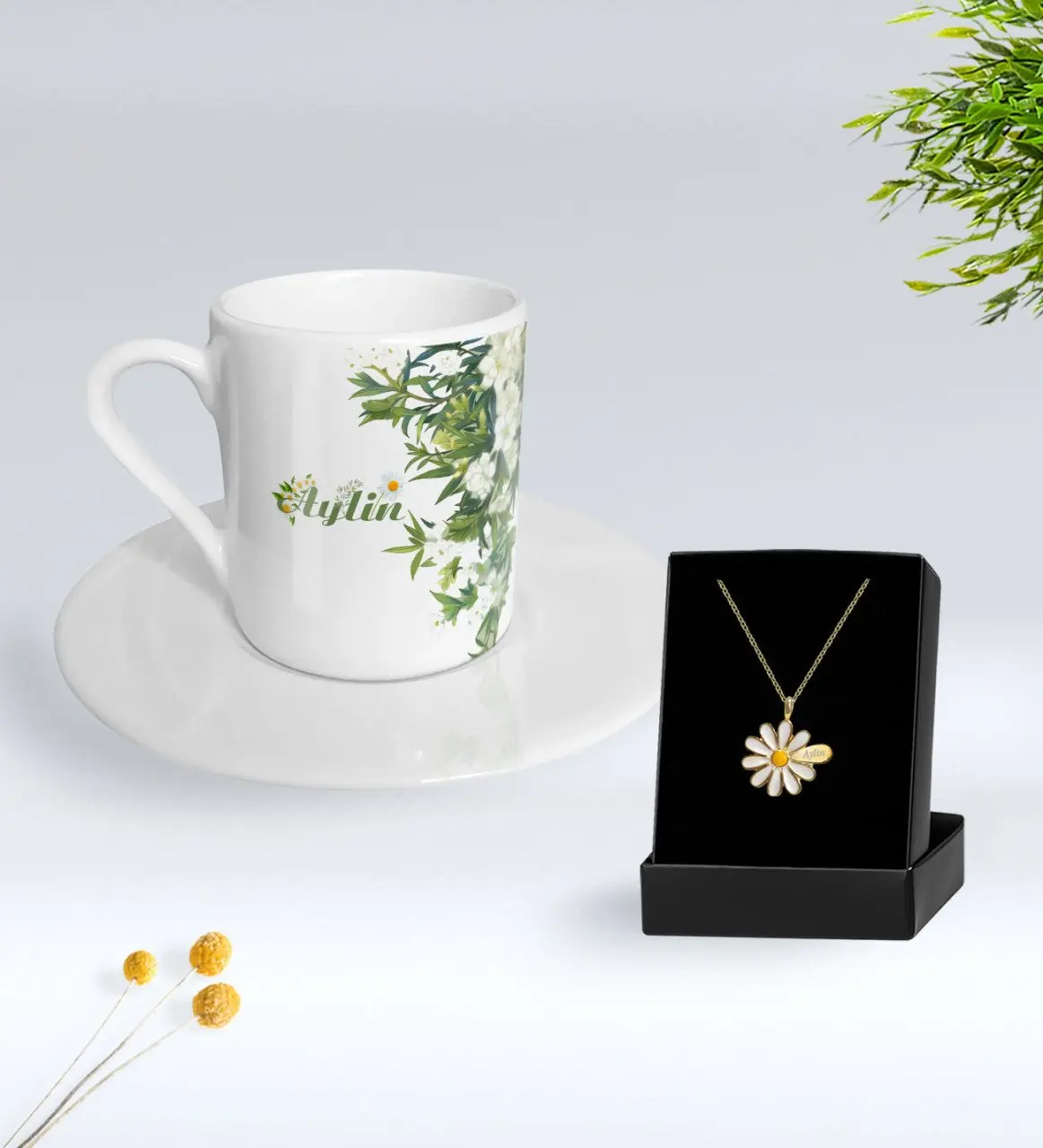 

Персонализированные Дейзи тематические чашка для кофе по-турецки и ожерелье Маргаритка подарок Seti-5