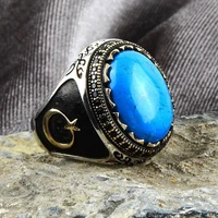 genuine 925 sterling silver turkish ring for men natural turquoise ottoman mens ring cool punk male rings fashion jewelry gift