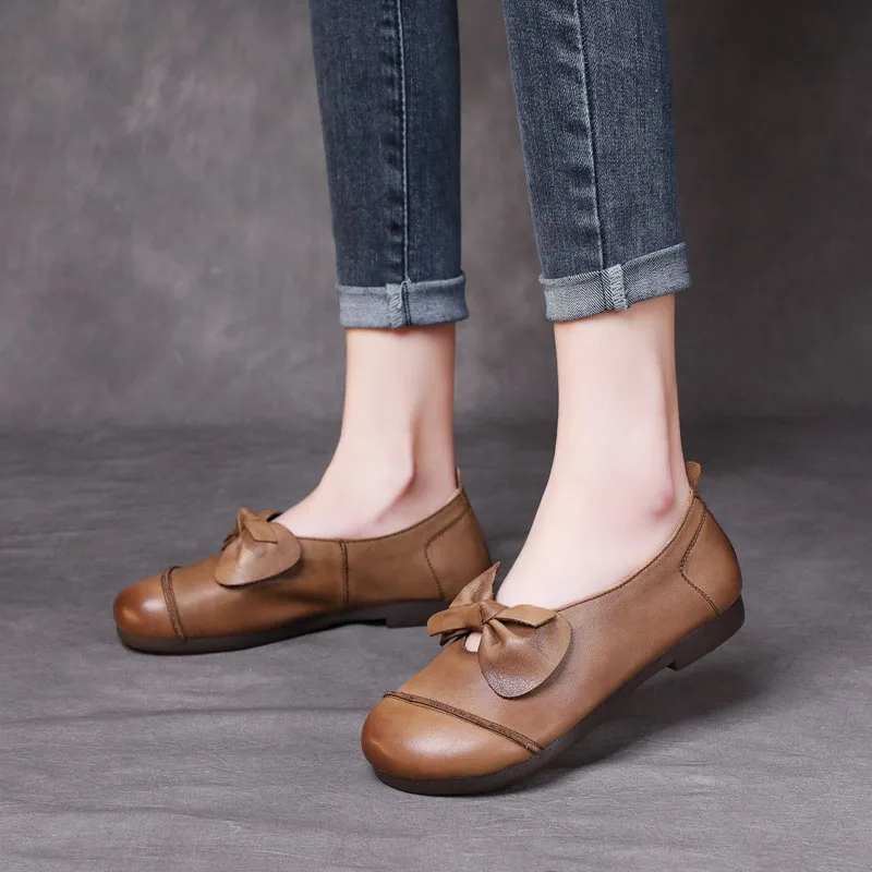 

DRKANOL Brand 2021 Women Genuine Leather Slip On Flat Shoes Spring Shallow Ethnic Style Bow-knot Soft Bottom Mother Loafers
