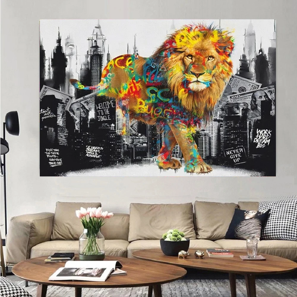 

Funny Get out of the painted Lion Poster Street Graffiti Pop Art Canvas Painting Animal Wall Art Paintings For Home Decoration