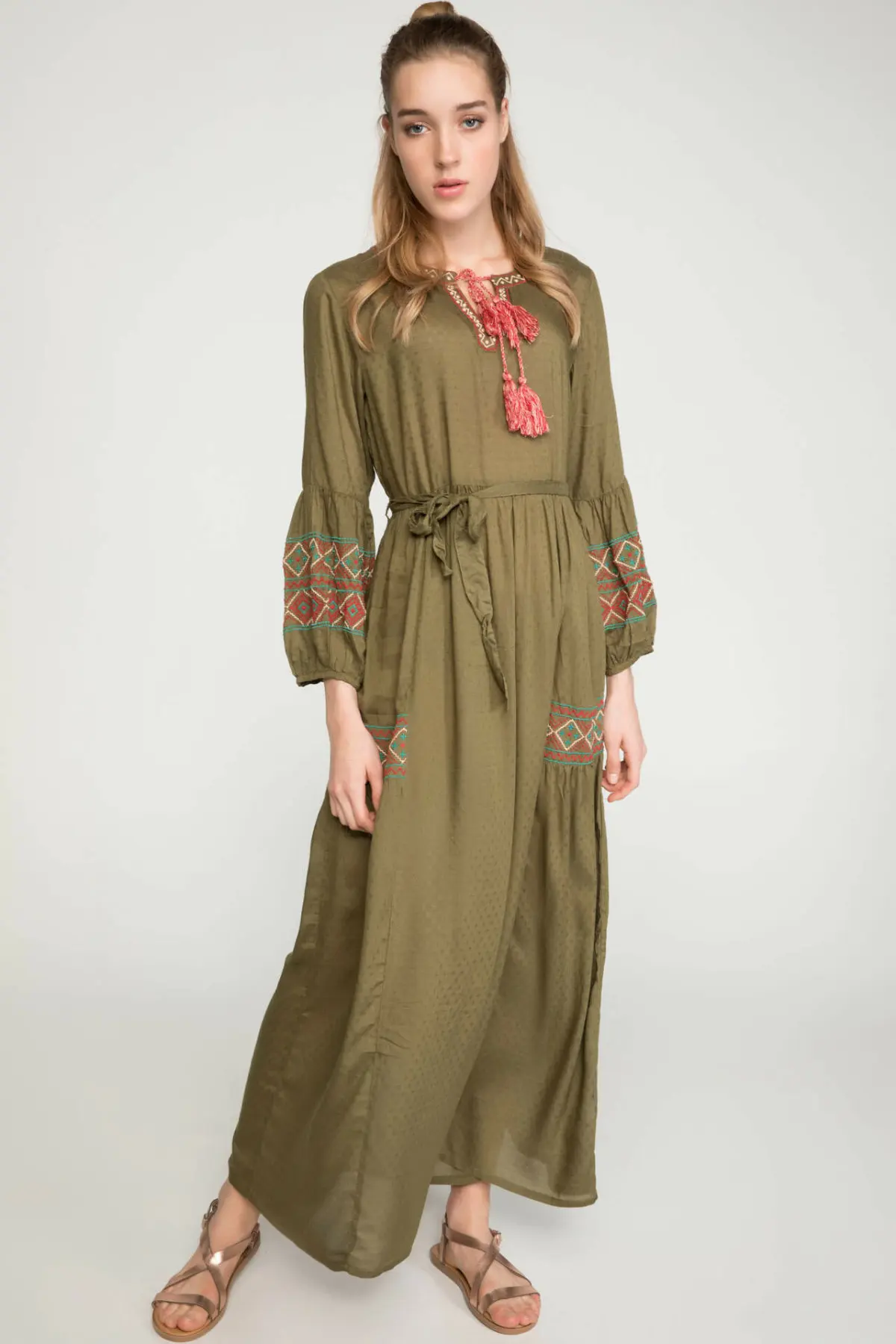 Женское Тканое платье DeFacto длинное в национальном стиле на шнуровке с рукавами