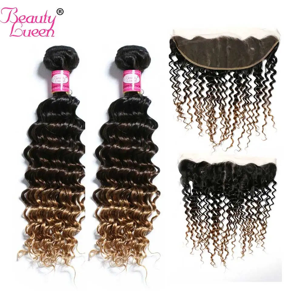 Блонд Омбре глубокая волна пучки с фронтальным кружевом синтетическое Закрытие