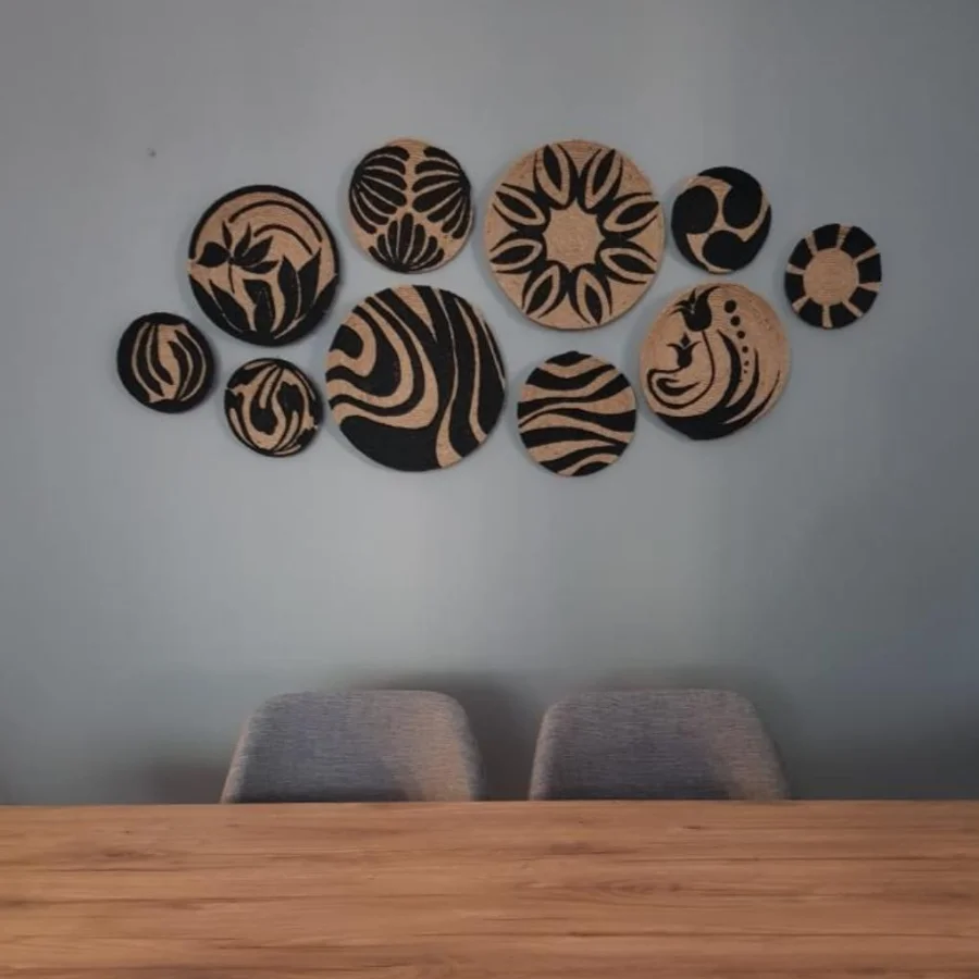 

Decorative Bohemian Style Wall Plate/African American, Jute Straw Rope 100% Handmade Waterproof Calorful Acrylic Painted 3D/Set Of 10 Living Area, Hall, Balcony, Bedroom, Home-Office Decor, Authentic Gift,