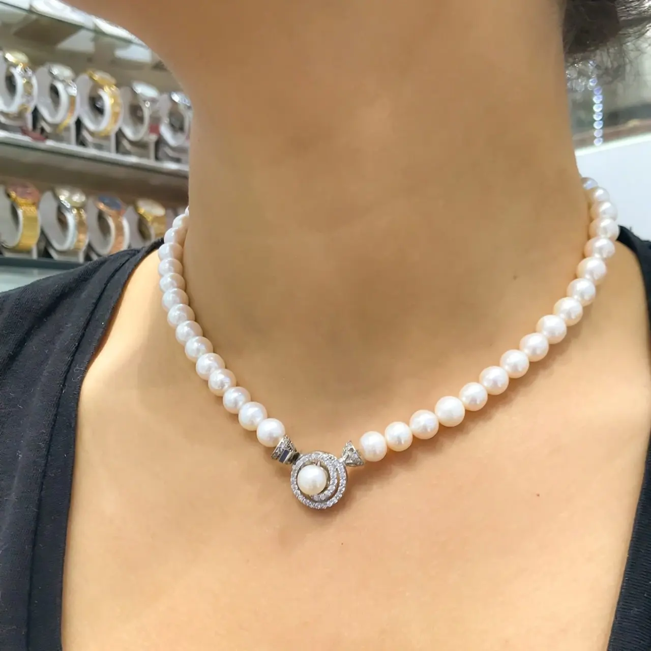 

New Simple Silver Pearl Necklace Earrings Set Suit