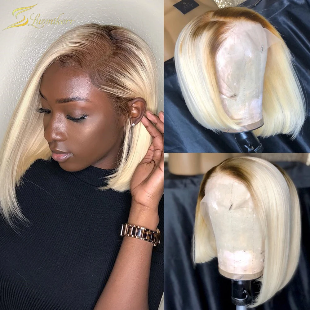 

Ombre Brown Blonde 613 Straight Lace Front Wig Short Bob Transparent HD Lace Frontal Wig Human Hair Blunt Cut Full Preplucked