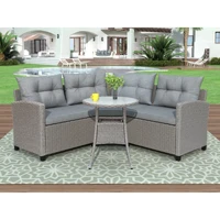 4 Piece Resin Wicker Patio Furniture Set with Round Table Gray Cushions[US-Stock]