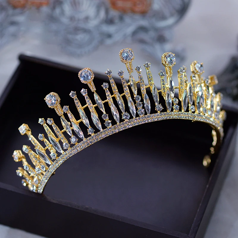 

European Gold Royal Crystal Bride Tiara Crowns Diadem Queen Headpieces Wedding Hair Accessories