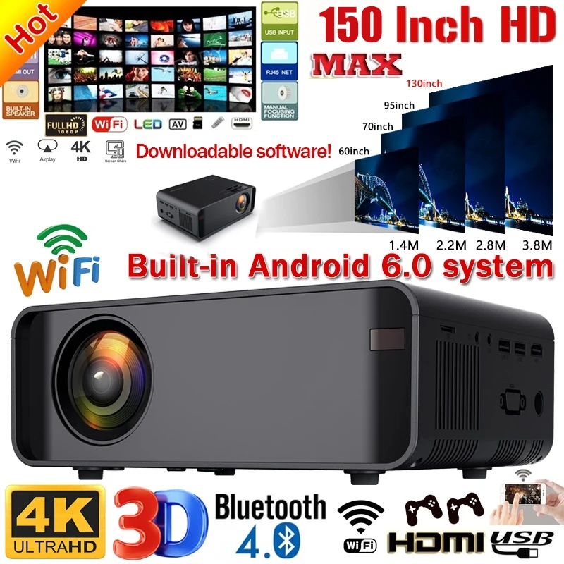2020 W80 Full HD 1080P 3000лм светодиодный проектор 4K wifi/HDMI/USB/портативный Android Bluetooth lcd