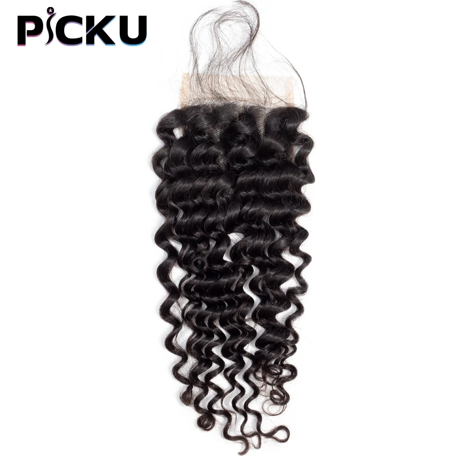 

Deep Wave 5x5 4x4 Lace Closure Hand Tied Pre Plucked Transparent Human Hair Curly Closure With Baby Hair 20 inch Natural Black