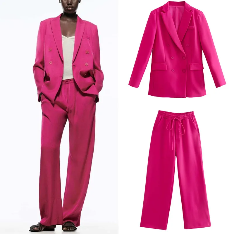 

PB&ZA 2022 Summer New Women's Rose Red Double-breasted Slim Fit Suit Jacket Commuter Straight Trousers Suit