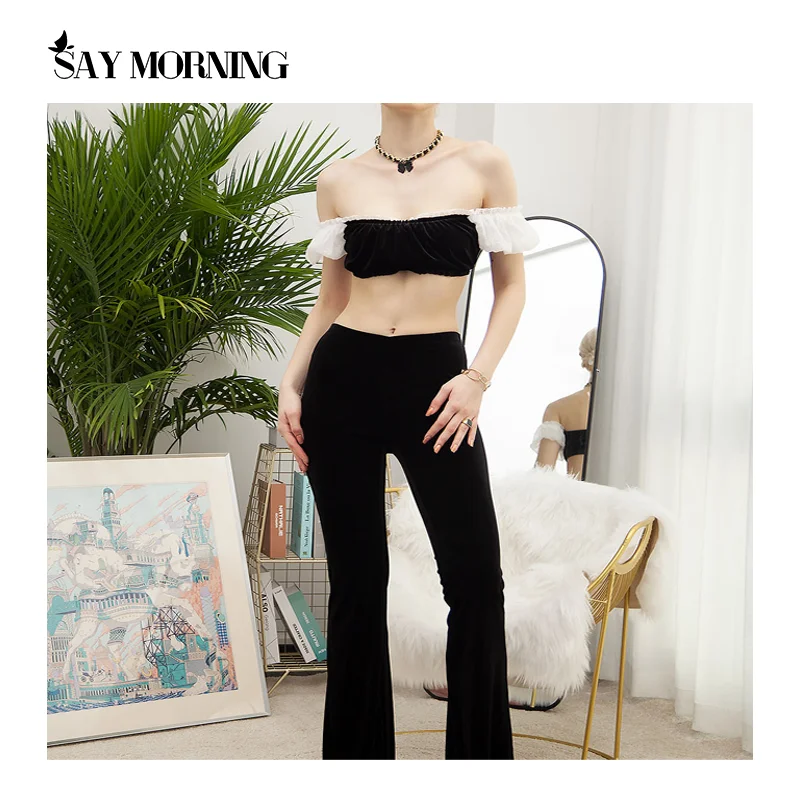 

SAY MORNING Retro Velvet Black And White Two-Piece Women's Tube Top Flared Pants Puff Sleeves Fashion Simple Suit