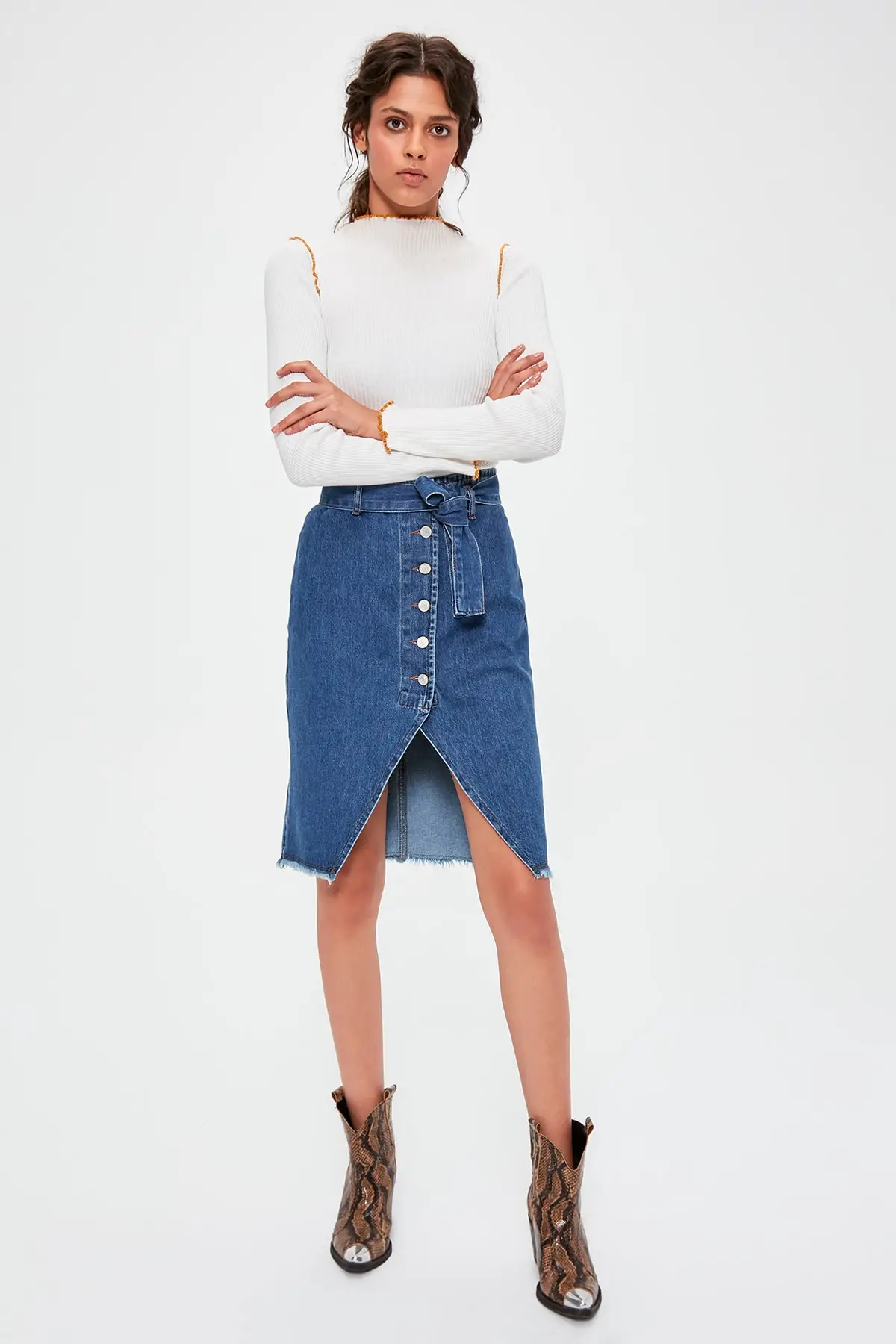 Модная синяя джинсовая юбка со шнуровкой TWOAW20ET0146 | Женская одежда