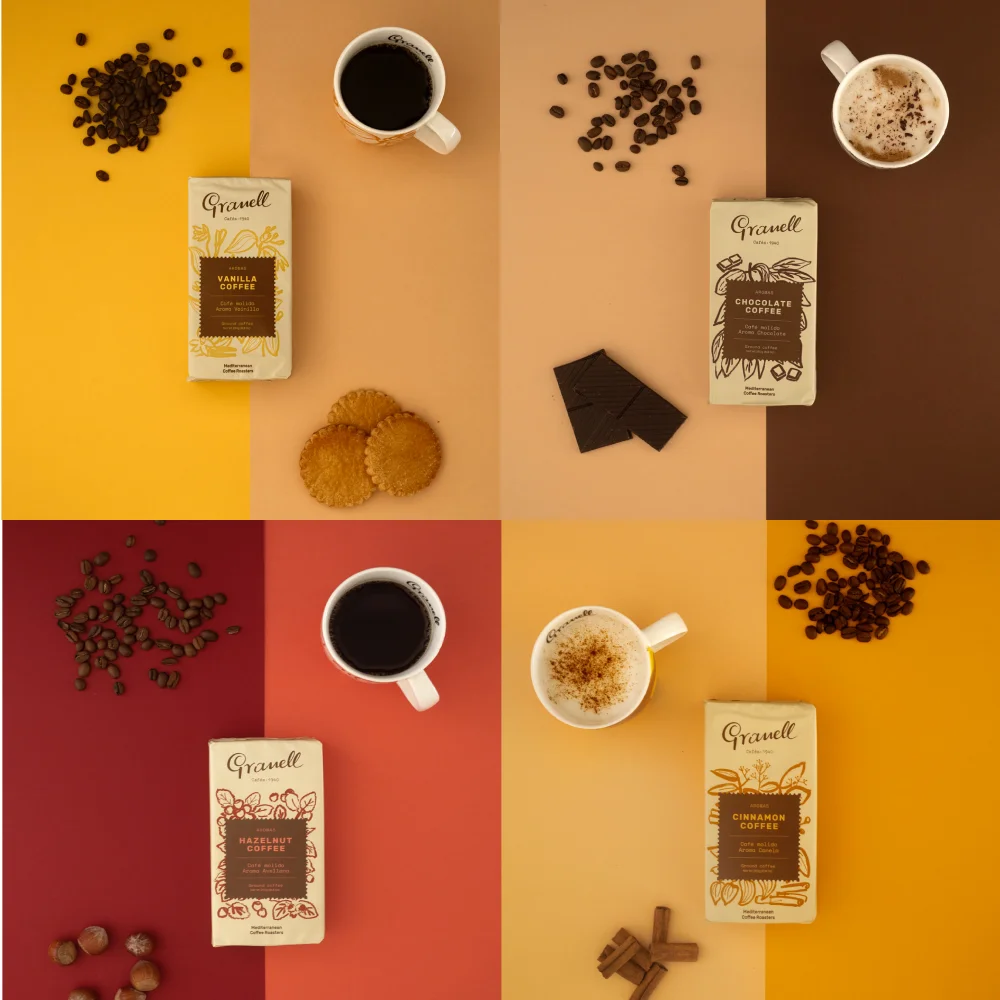 Cafes-1940 Granell - Pack tasting scents | Ground coffee-coffee with a touch of vanilla cinnamon Chocolate or hazelnut 1000g Продукты