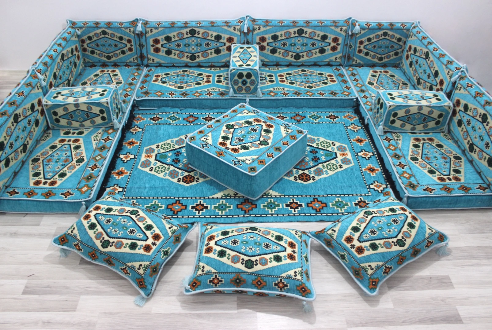 

U Shaped Blue Oriental Floor Sofa, Arabic Majlis Jalsa, Iraqi Living Room, Arabic Sofa, Floor Cushions