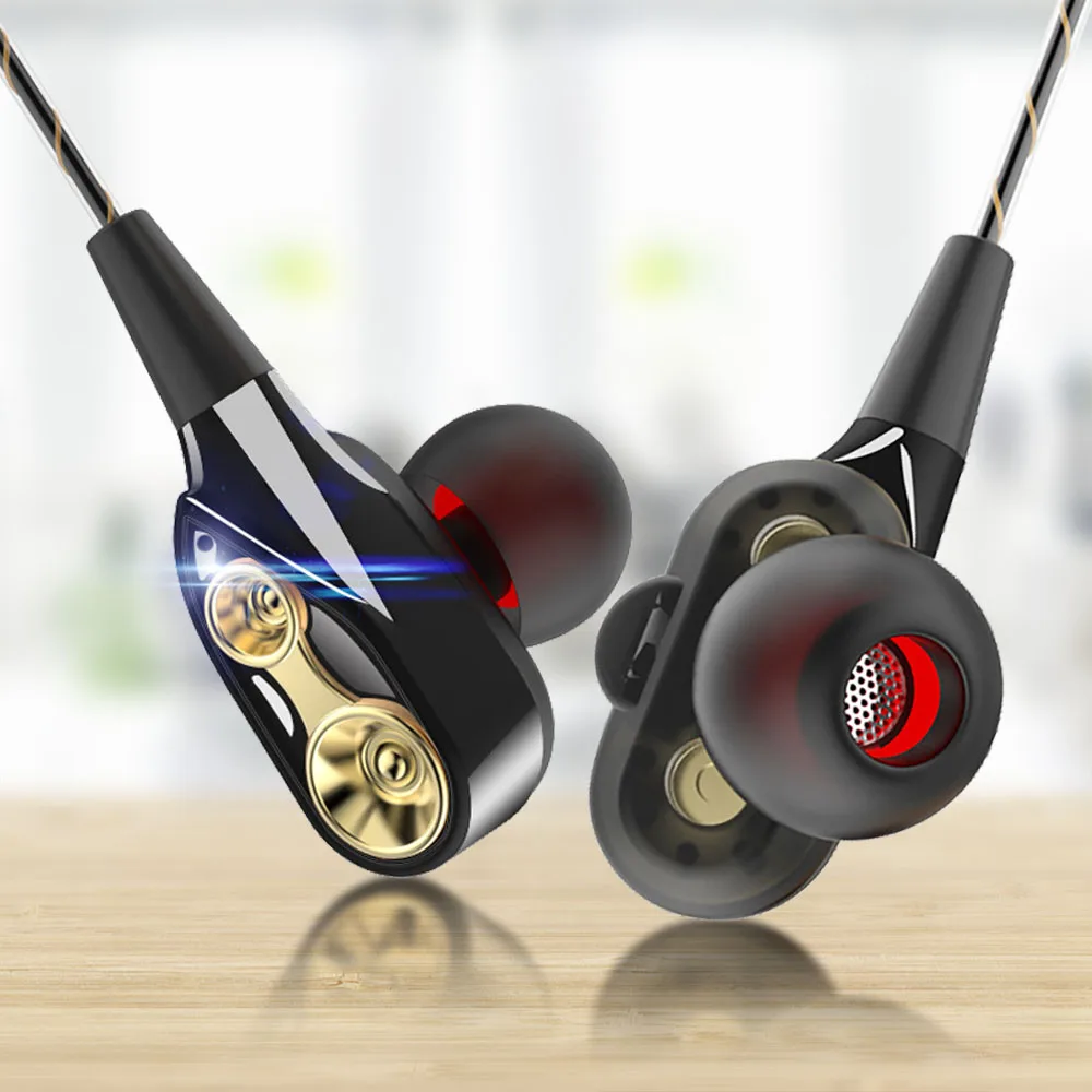 Двойной привод стерео проводные наушники в ухо Спортивная гарнитура с