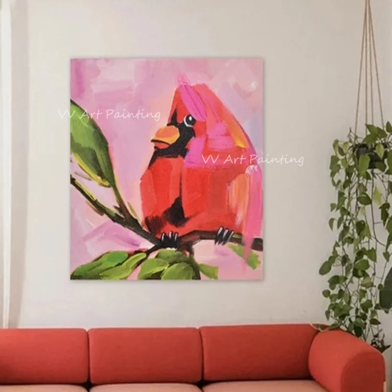 

2022 100% Handmade Bird Pink Colorful on Tree Canvas Thick Oil Paintings on Canvas Modern Art Best Gift Pictures Unframe