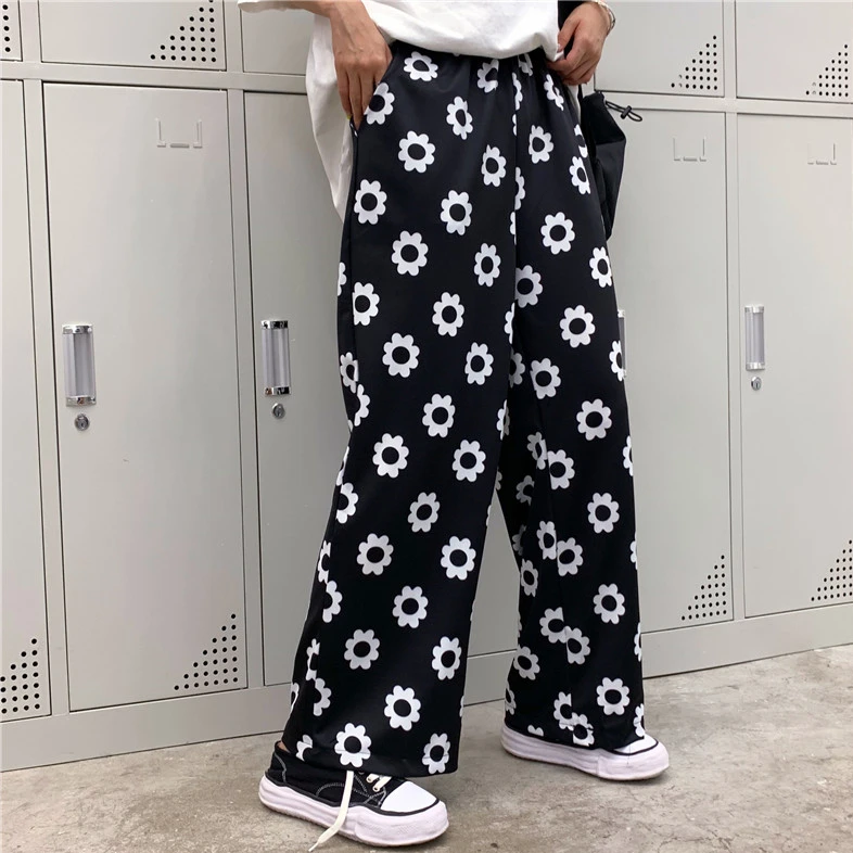 New Summer Daisy Flower Print Pants Korean Version Harajuku Style Loose Pants Full Length Pants Streetwear Wide Leg Pants