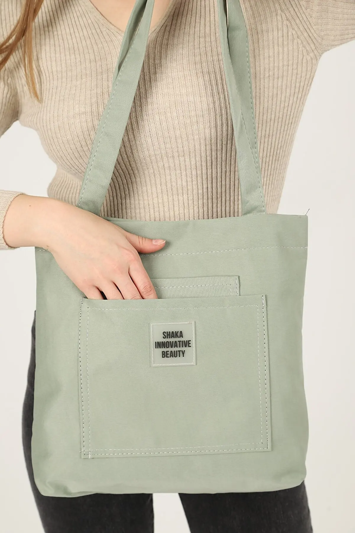 

3 Compartment Handbag 35x35 Cm Tote Casual Bag Travel Stylish Beige Black Tile Color Green Gray Wide Large Size New Season 2022