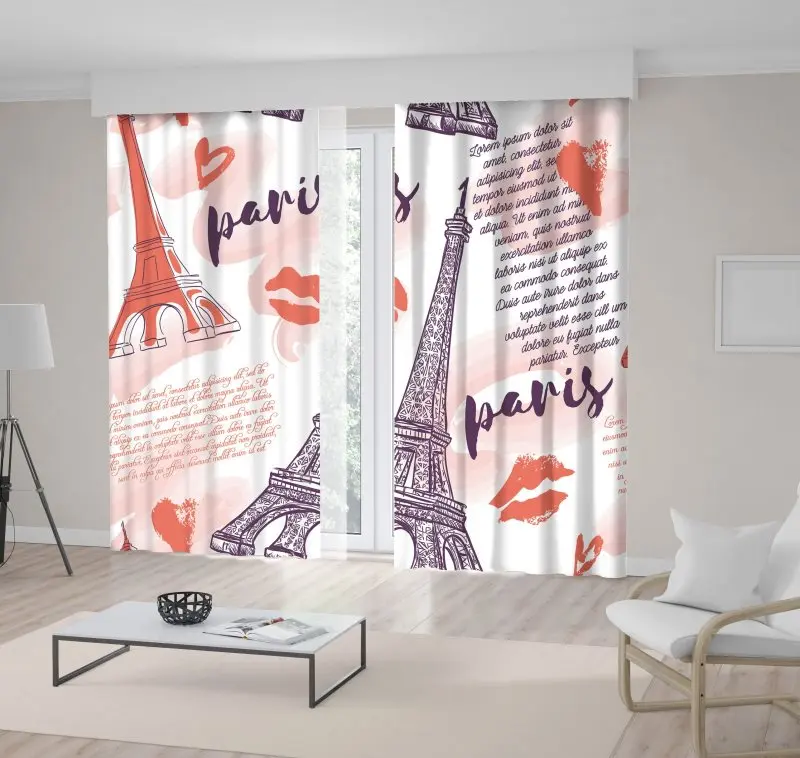 

Curtain Eiffel Tower Hearts Kisses Love Letters Watercolor Splashes Retro Pink Purple Romantic Artwork Printed