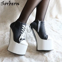 sorbern black xdresser canvas pump shoe heelless thick platform shoe ankle high fetish high heel black and white drag queen shoe