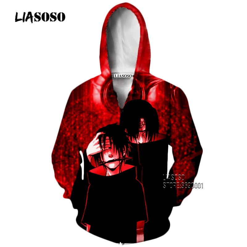 LIASOSO 3D принт унисекс аниме Наруто Akatsuki Учиха Итачи Саске толстовки с капюшоном толстовки Повседневная куртка на молнии X2651